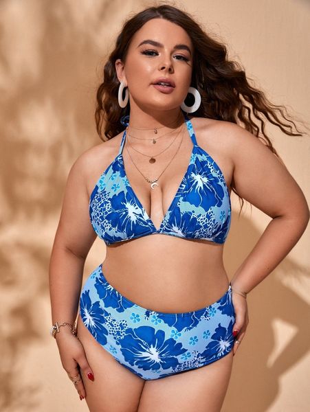 

plus floral halter high waisted bikini swimsuit c3sz#, Black