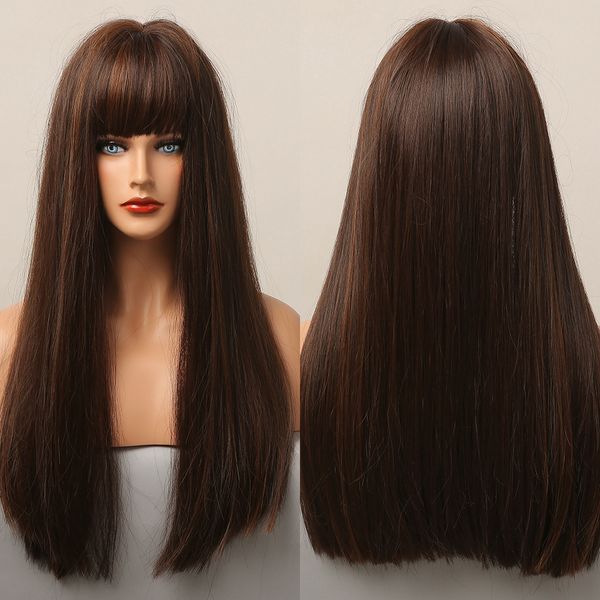 

dark brown golden highlight synthetic wigs with bangs long silky straight wigs for women cosplay daily heat resistant fiber hair, Black
