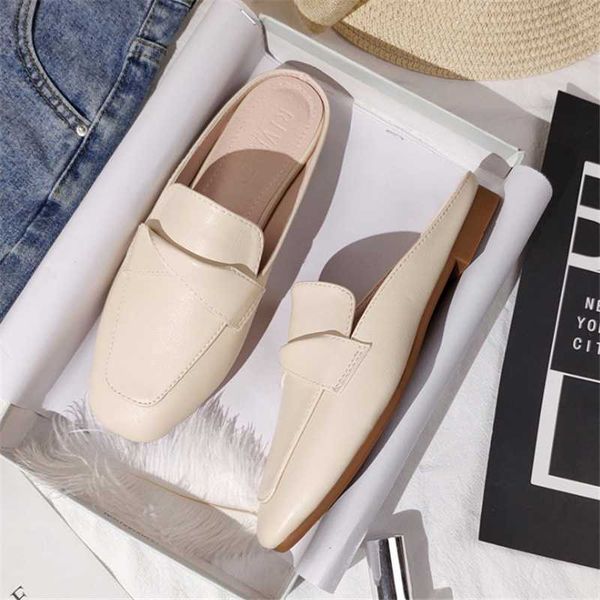 

slippers women's outdoor flat muller fashion sandals 2021 leather shoes, Black