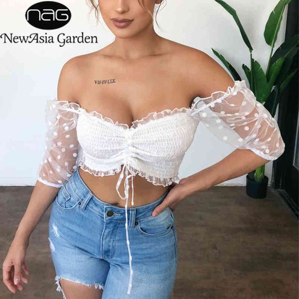 

newasia mesh blusas women summer half sleeve ruffles off shoulder white drawstring ruched polka dot blouses khaki 210413