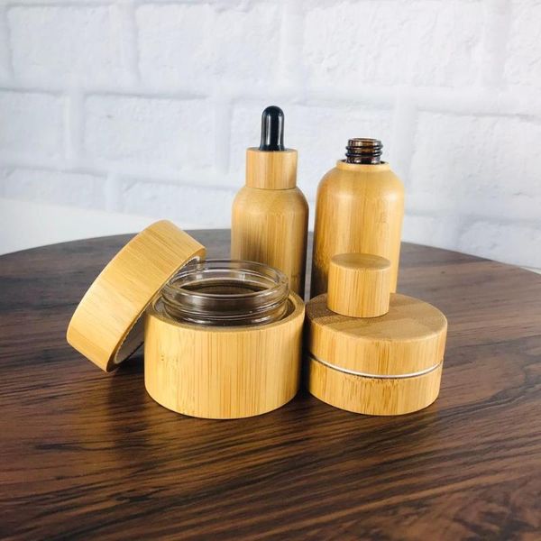 Bottiglie di stoccaggio Vasi 10g 30g 100 pz/lotto Contenitori in alluminio di bambù Vaso cosmetico Lusso vuoto