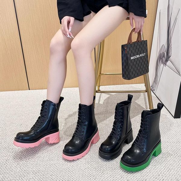 

boots women's 2021 autumn british style high heel thick side zipper fashionable casual short, Black