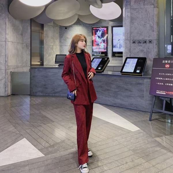 

women's tracksuits women 2021 spring autumn corduroy two piece suit female double breasted notched blazer jacket & pants vintage sets e, Gray