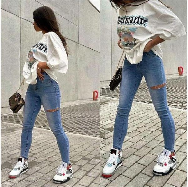 

summer street light colored womens jeans wash water holes slimming denim fashion trend mid waist and small foot trousers ws14, Blue
