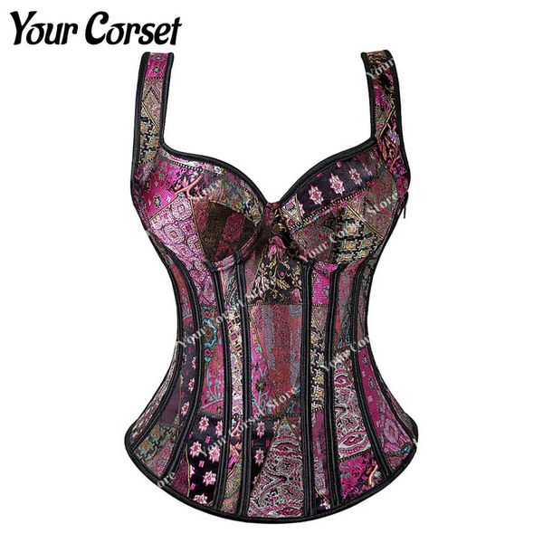 

nxy set black corset with straps floral overbust bustier vintage lace lingerie plus size for women steampunk satin 1130, Red;black