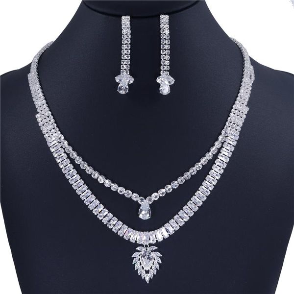 

earrings & necklace fashion women set zircon rhinestone wedding bridal lady dangle earring necklaces jewellery accessories, Silver