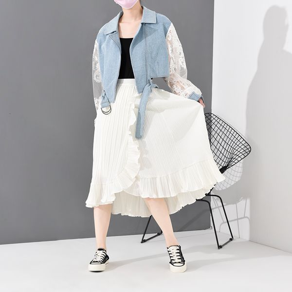 

[eam] loose fit lace stitch denim bandage short jacket new lapel long sleeve women coat fashion tide spring 1d63805 200919, Black;brown
