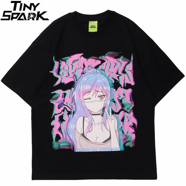 

men hip hop streetwear t shirt anime girl illusion print tshirt summer short sleeve t-shirt harajuku cotton loose tees 210409, White;black