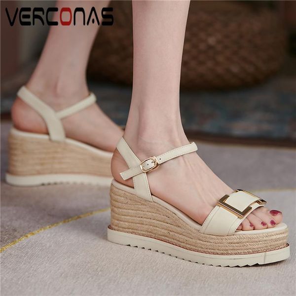 

dress shoes verconas metal decoration women sandals summer genuine leather platforms wedges heels casual concise retro fashion woman, Black