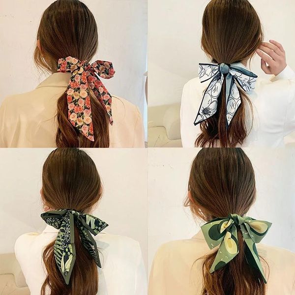 

hair accessories 2021 women elegant print flower 39 inch long ribbon silk headband sweet turban bandanas hairbands fashion
