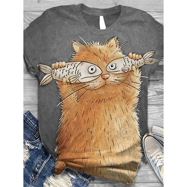 

women's t-shirt fat cat pattern fashion style 3d printing round neck casual streetwear summer basic short-sleeved t-shirt, White