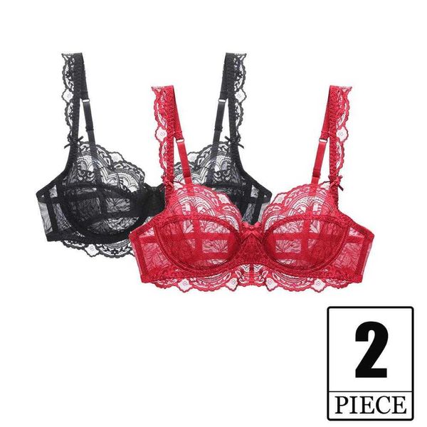 

2 pieces transparent women bra lingerie plus size c d e ultra thin push up brassiere lace underwear bras for girl black 210623, Red;black