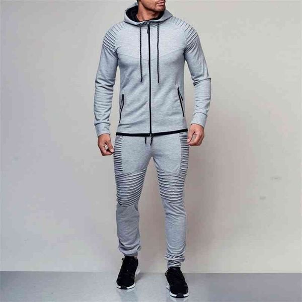 

2 pieces sets tracksuit men brand autumn winter hooded sweatshirt +drawstring pants male stripe patchwork hoodies bigsweety 210916, Gray