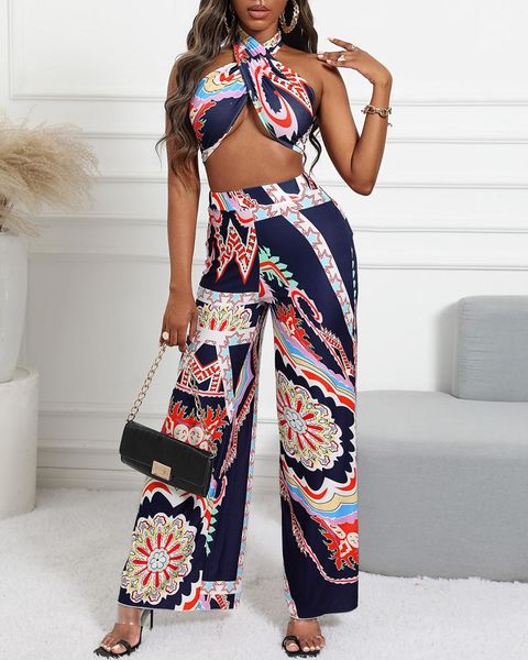 

women's two piece pants ornate print crop tube & wide leg set, White