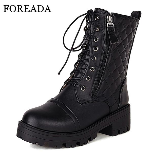 

boots foreada woman ankle motorcycle platform thick med heel shoes round toe zipper ladies short autumn winter 34-43 white, Black