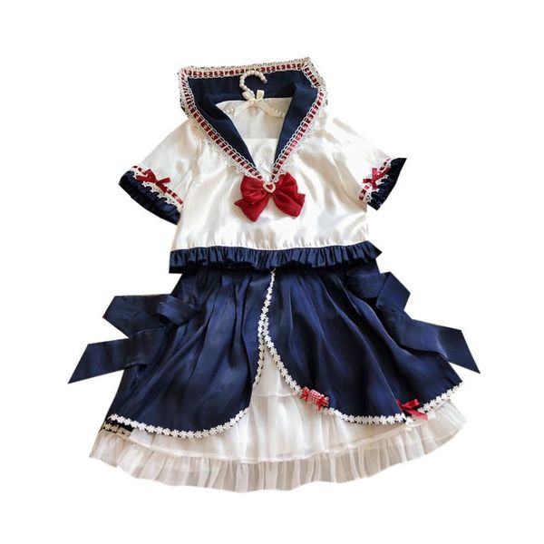 

casual dresses japanese sweet school uniform cosplay dress women summer soft girl kawaii sailor collar lolita teens cute 2 piece 2021, Black;gray