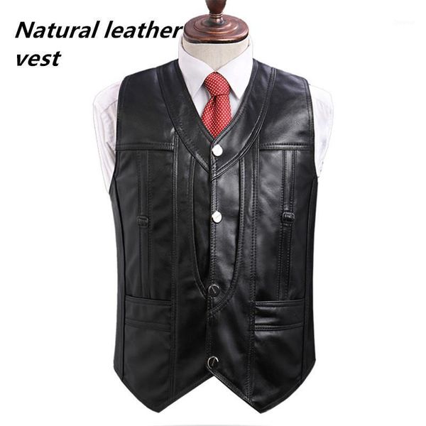 

men's vests 2021 high-end brand leather waistcoats large size real sheepskin male vest black motorcycle jacket for men, Black;white