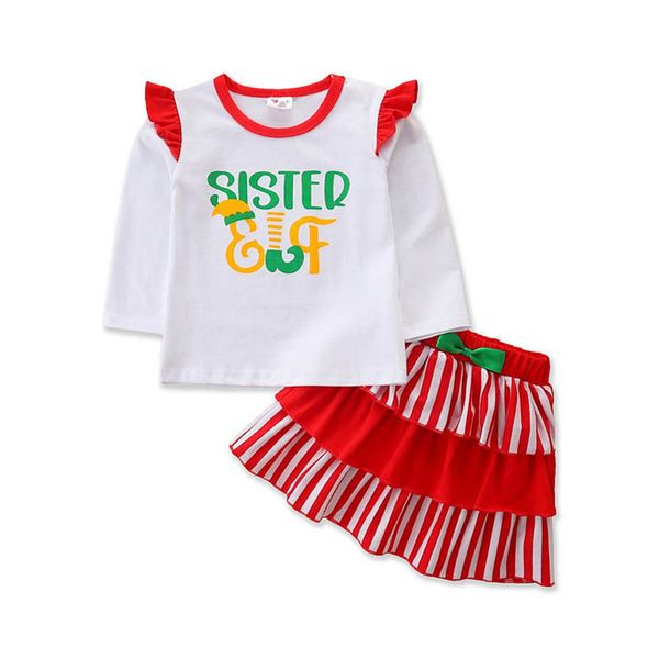 

kids clothing sets girls outfits baby clothes children children's christmas autumn long sleeve letter striped cake skirt b9402, White