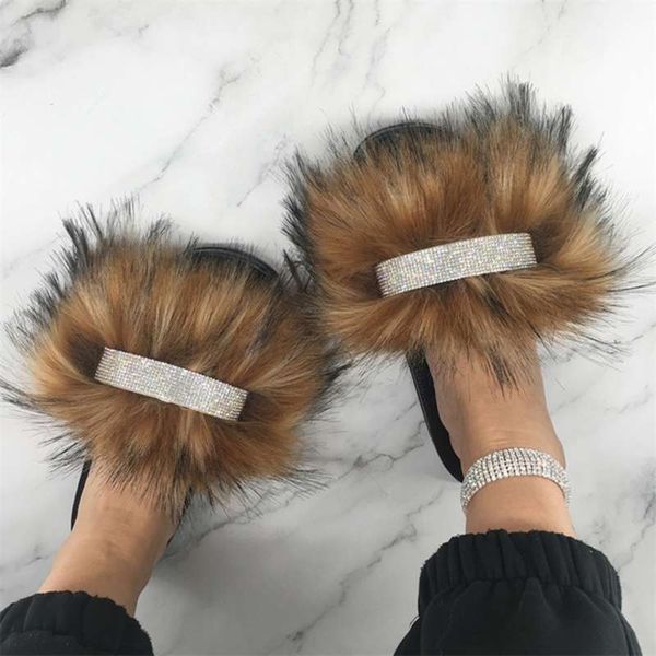 

women flip flops summer faux fur slippers indoor ry slides for big shoes crystal fluffy sliders sandals 210928, Black