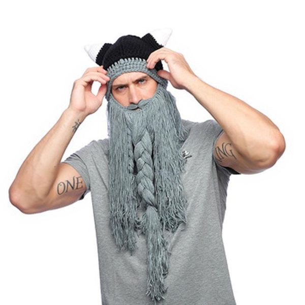 

beanies winter men's knit hat viking horn long beard holiday party wool