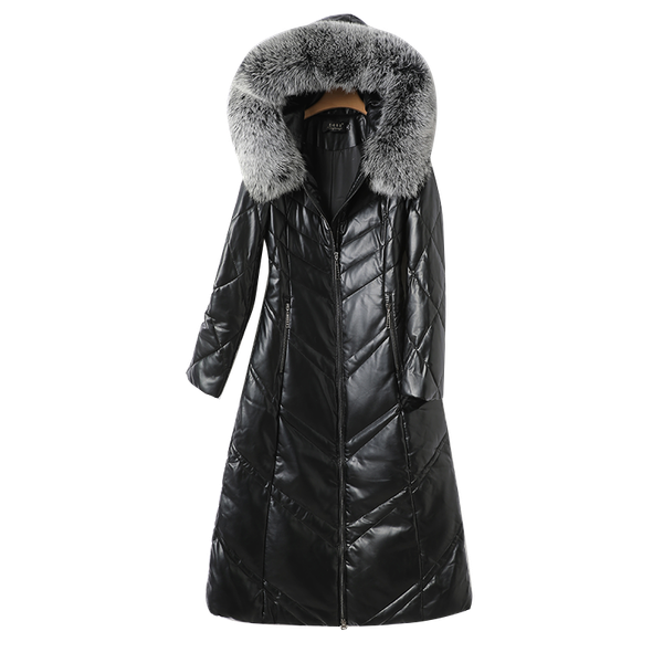 

leather coat down jacket womens long black slim-fit sheepskin haining new white duck down large size coat womens genuine leather winter