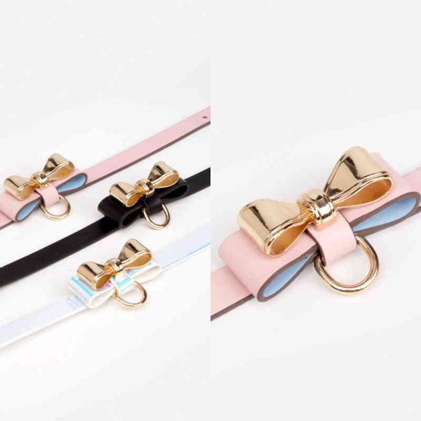 Nxy Sex Adult Toy Bdsm Bow Collare rosa con piombo in vera pelle Bondage Choker Black Toys for Women Restraint 1225