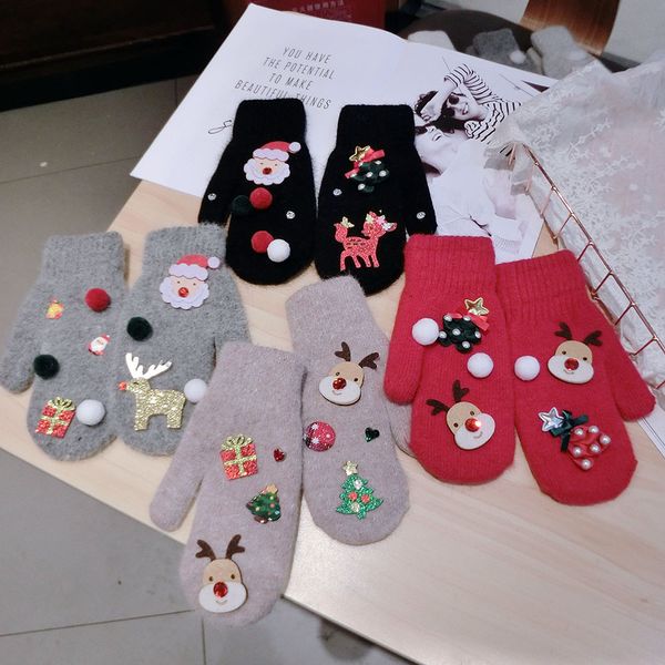 

gloves christmas element cartoon elk tree lattice button plush ball knitted all finger warm women' lianzhi, Blue;gray