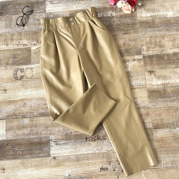 

real sheepskin leather pants women high waist trousers black female korean fashion spring autumn 2021 ropa mujer pph4240 women's & capr, Black;white