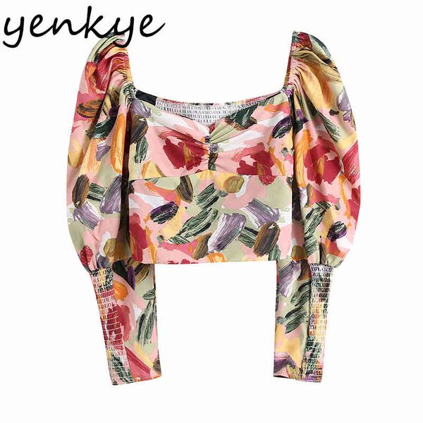 

vintage multicolor print crop women back elastic v neck puff sleeve holiday summer fashion blusas 210430, White