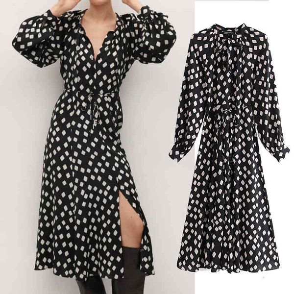 

casual dresses fashion green leaf print dress o-neck long sleeve women midi slim waist chic single-breasted es g9ha, Black;gray