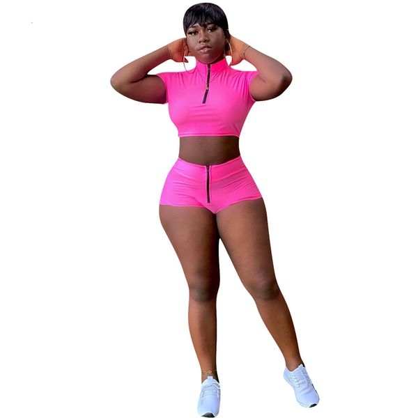 

women casual outfits solid zipper two pieces summer tracksuits female short sleeves stretchy mini shorts sets 3 colors, White