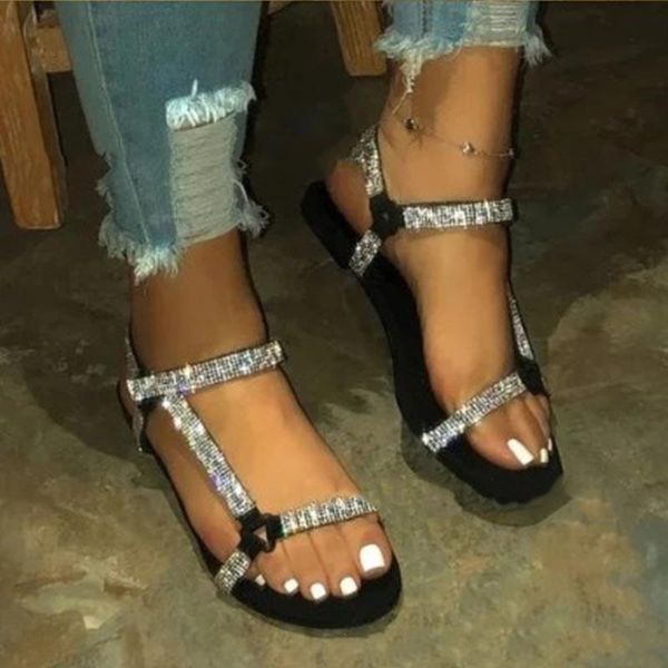 

summer sandals women shoes flat fashion rhinestone for beach woman footwear outdoor plus size 35-43, Black