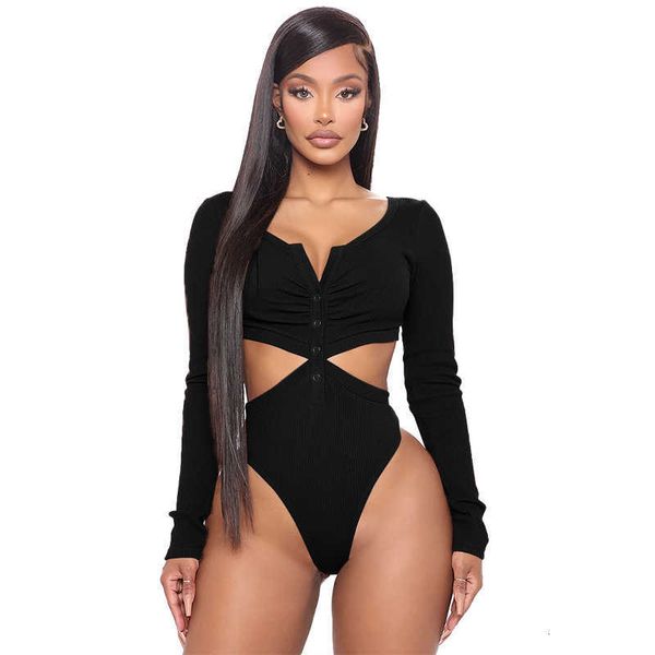 

bras deep v bodysuit women spring long sleeve square neck hollow out button suit casual solid jumpsuit w2r7, Red;black