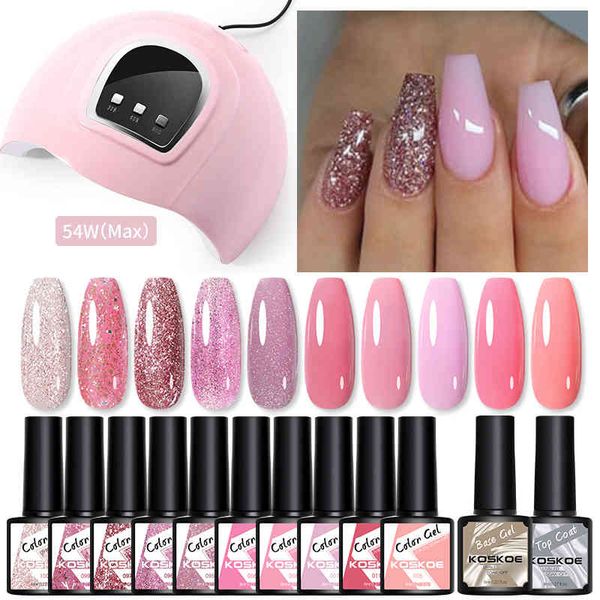 

koskoe 10/12pcs with 54w lamp dryer set base coat glitter hybrid varnish soak off uv nail art gel polish