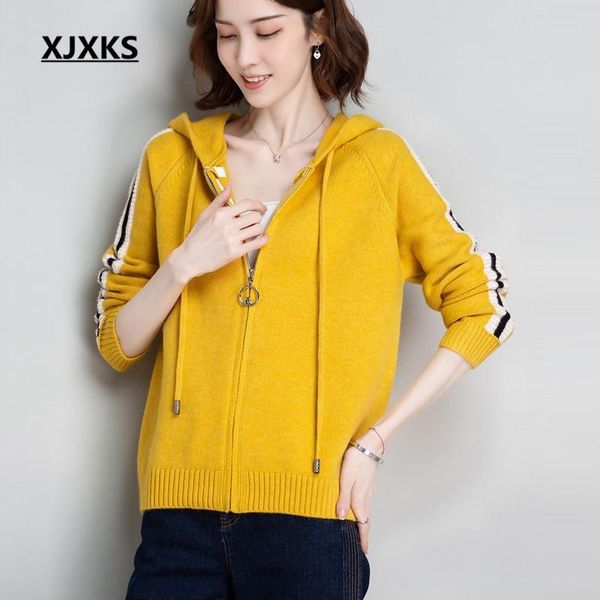 

women's jackets xjxks fashion hooded women jacket 2021 autumn winter wool knitted zipper cardigan sweater coat, Black;brown