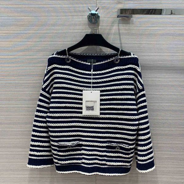 

women's sweaters sweaters runway design knit fashion chain straps slash neck twist navy white stripes contrast pullover sweater jadm, White;black