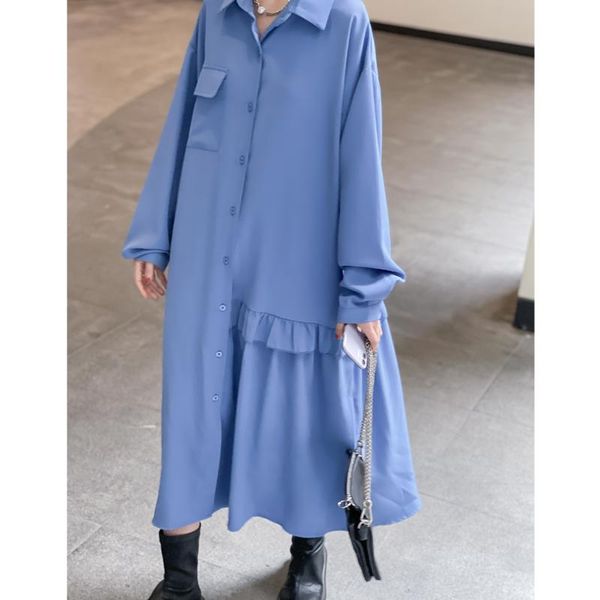 

casual dresses superaen loose solid turn down collar shirt single pocket ruffles full a-line mid-calf for women, Black;gray