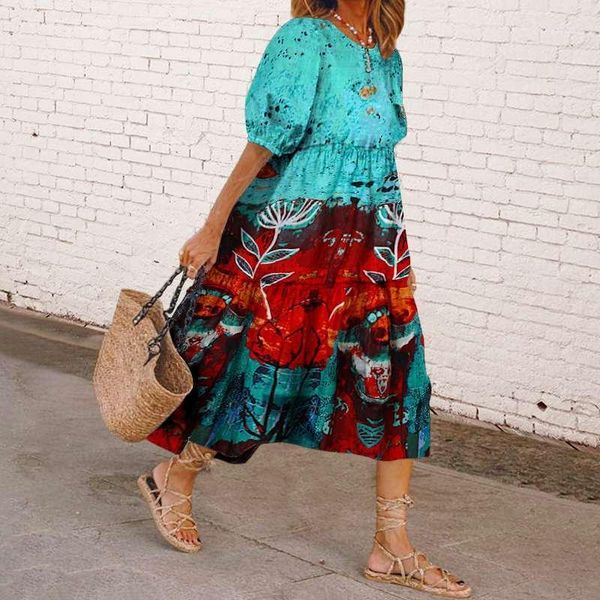 

casual dresses vonda women vintage printed dress loose midi sundress summer lantern sleeve pleated vestidos mid-calf cotton robe, Black;gray