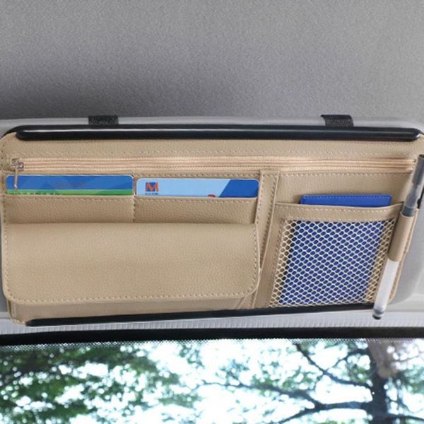 

car organizer sun visor storage bag universal sunglasses holder pu leather stowing tidying box for card ticket keys