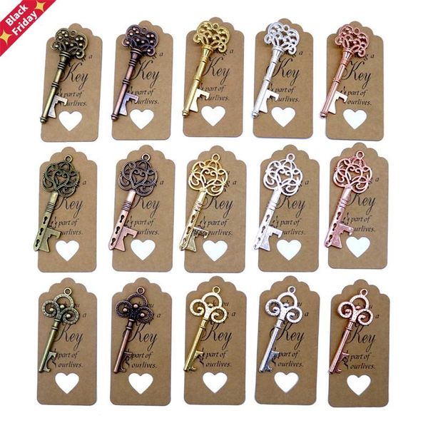 

50pcs diy wedding decoration 5 colors vintage key bottle opener with thank you paper tags party deco favors and gifts favor