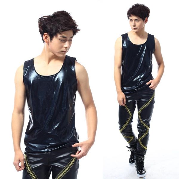 

men's vests 2021 fashion personality leather vest male slim o-neck solid color tight elastic costume singer costumes, Black;white