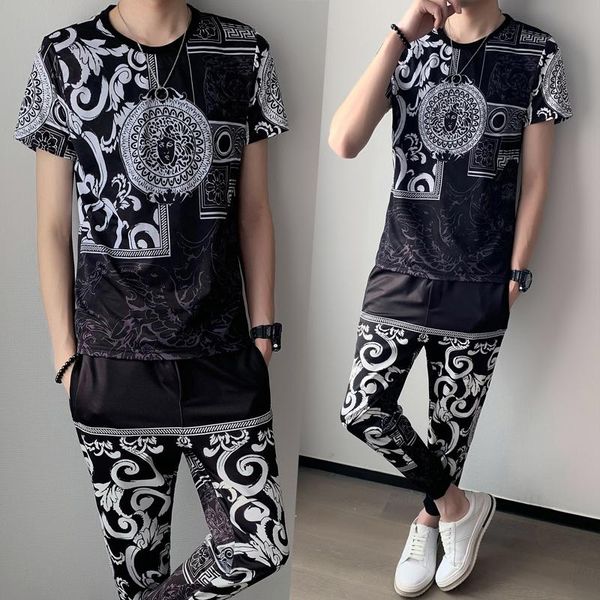 

men's tracksuits brand retro 2 piece suit summer short sleeve tshirt pants men streetwear social casual clothes sports, Gray