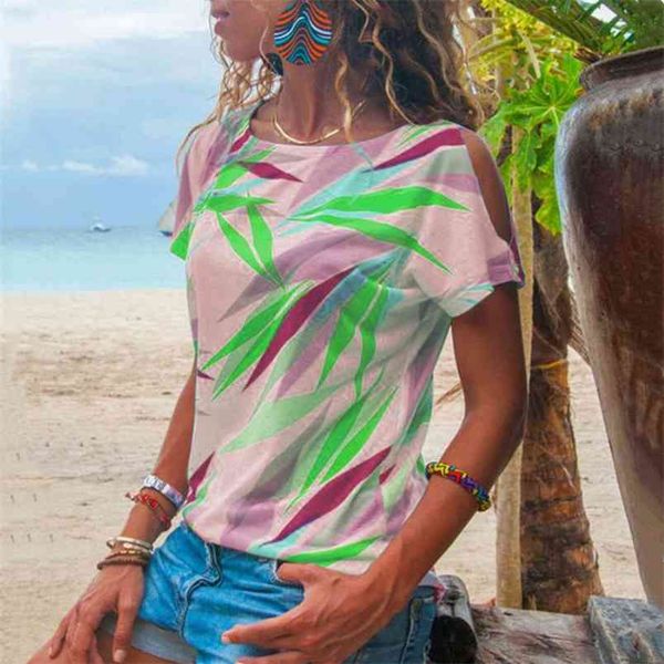 

women summer tshirt casual short sleeve tees off shoulder leaf print t-shirt o-neck loose plus size 3xl tshirts 210517, White