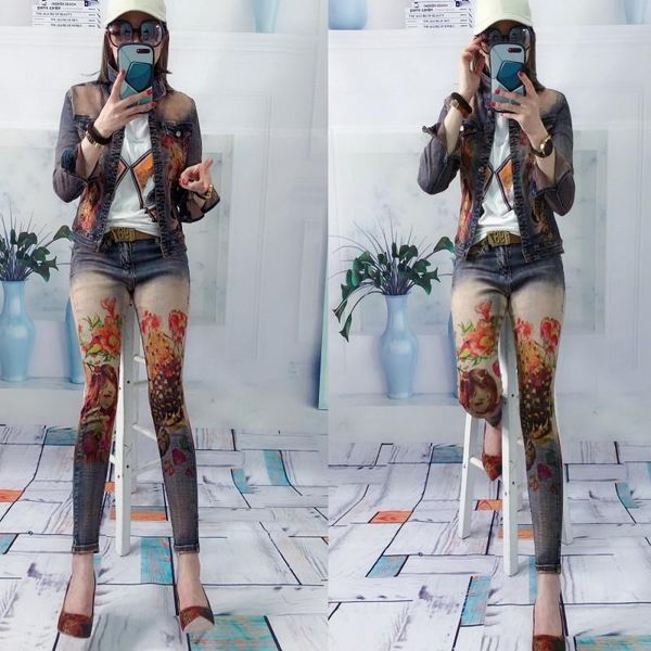 

women's two piece pants 2021 flowers print jeans jacket suit lady elastic material painting trends women denim coat + 2 set, White