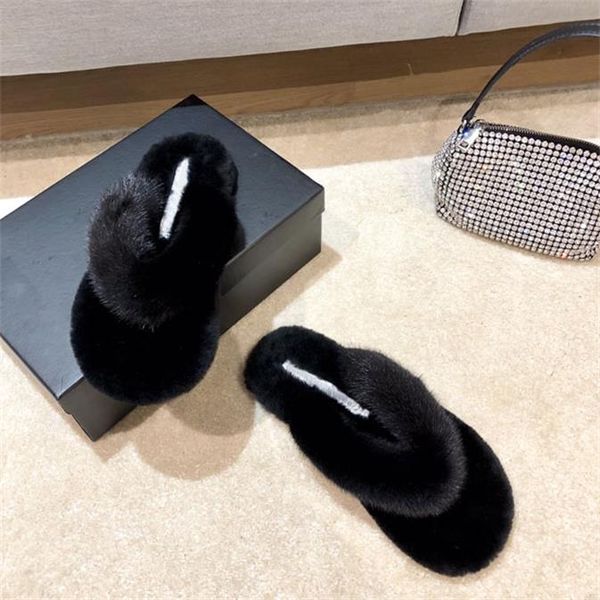 

2021 mink hair herringbone women's slippers fashion really comfortable sewing warm indoor and outdoor leather women shoes, Black