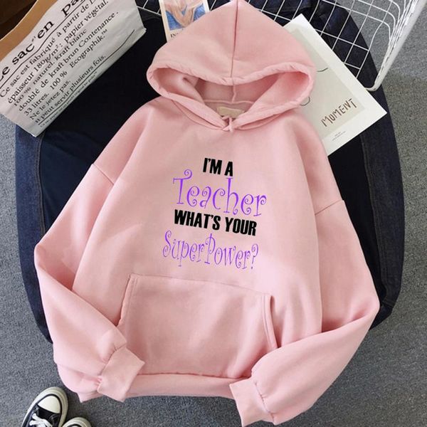 

women's hoodies & sweatshirts letter printing sweatshirt women plus size korean style hooded i'm a teacher what's your superp, Black