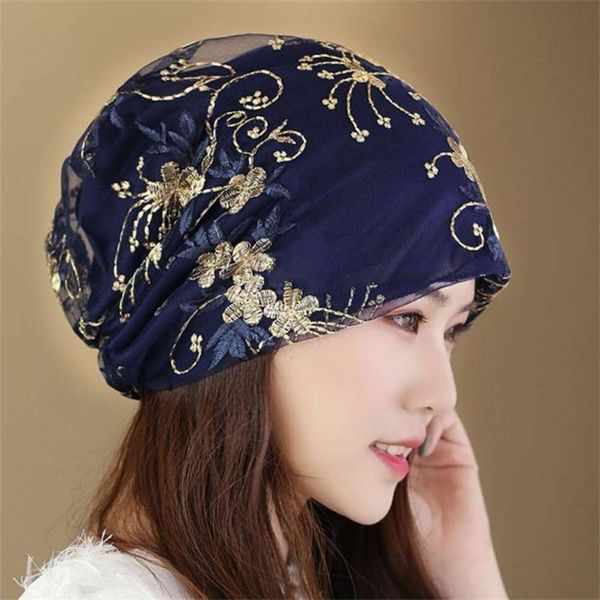 

scarf pile hat lace embroidery spring and summer bald hair hat lady leisure, Blue;gray