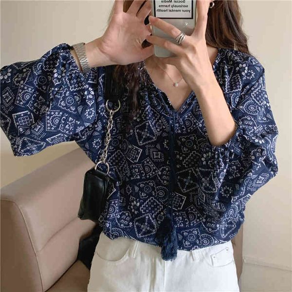 

dress summer high qualitity feminine blouses printed flowers v-neck long sleeves all match loose retro women shirts, White