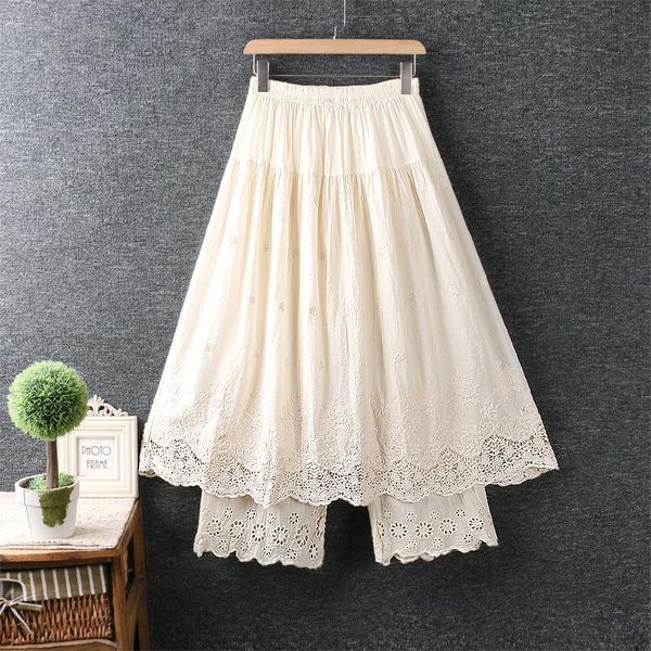 

women's pants & capris summer fresh water soluble hollow out the embroidery cotton and linen skirts, Black;white