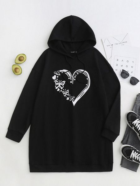 

plus butterfly & heart print drawstring thermal longline hoodie 69nz#, Black